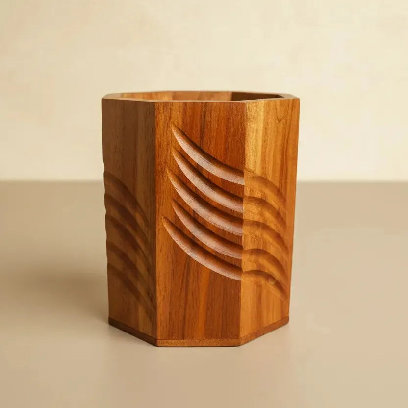 Hexagonal Sheesham Wood Pen Stand & Cutlery Holder
