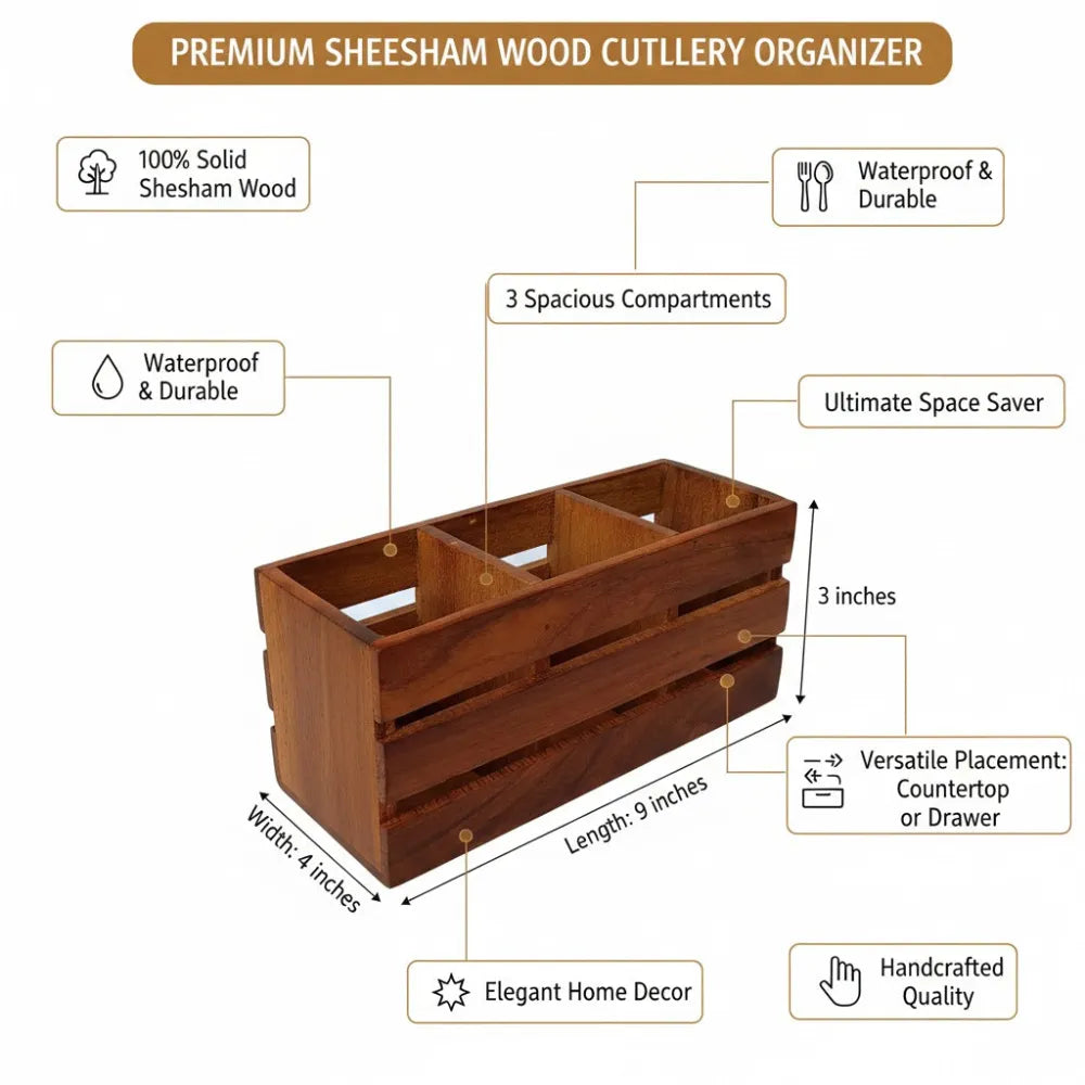 Handcrafted Sheesham Wood Cutlery Holder Organizer