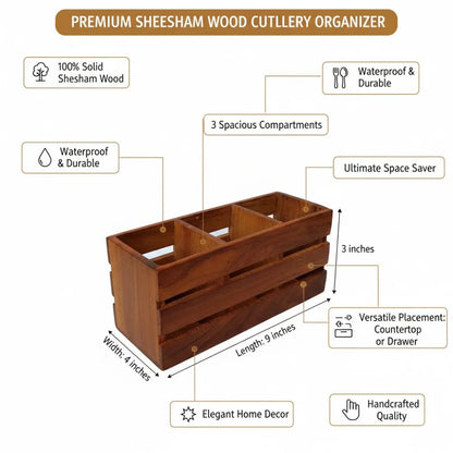 Handcrafted Sheesham Wood Cutlery Holder Organizer