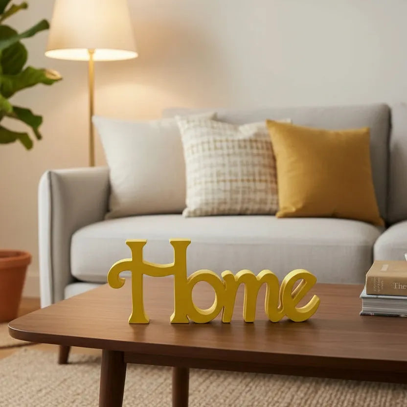 Yellow Wooden Home Word Table Decor Showpiece