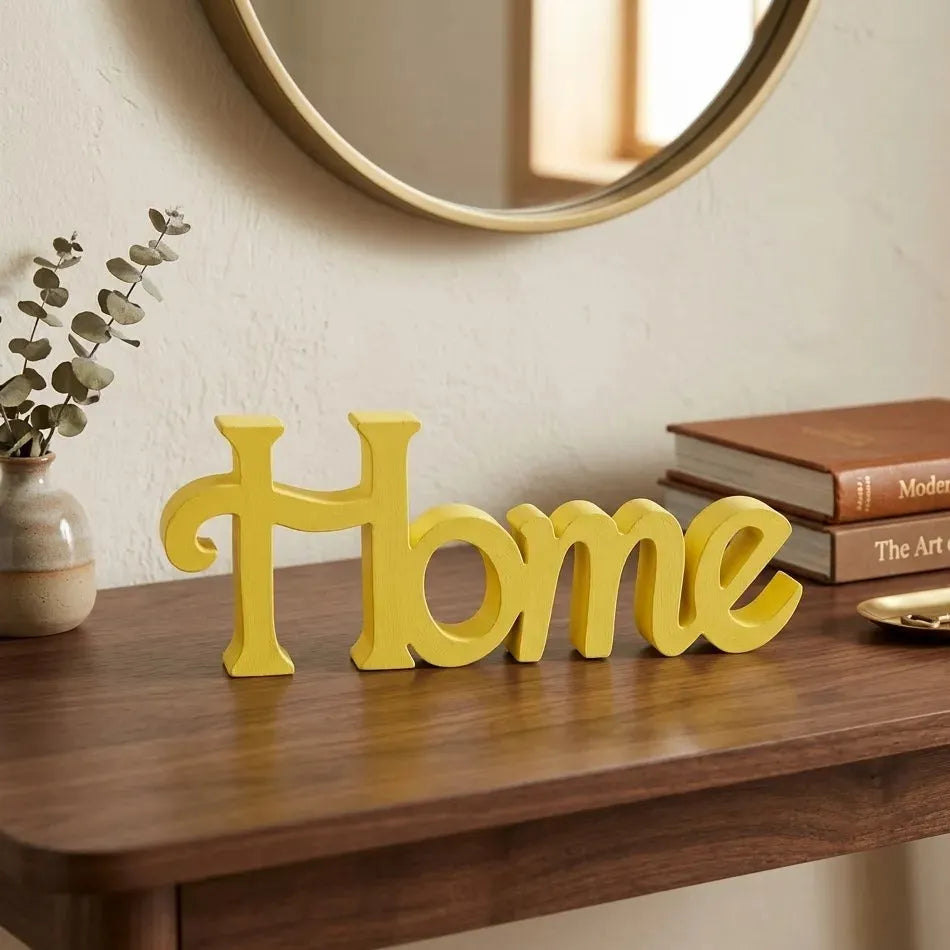 Yellow Wooden Home Word Table Decor Showpiece