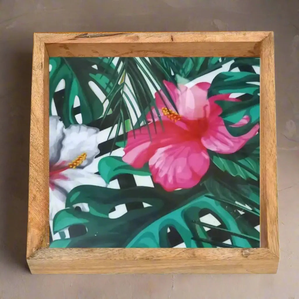 White & Pink Floral Print Wooden Serveware