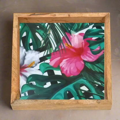 White & Pink Floral Print Wooden Serveware