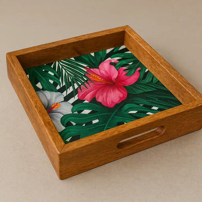 White & Pink Floral Print Wooden Serveware