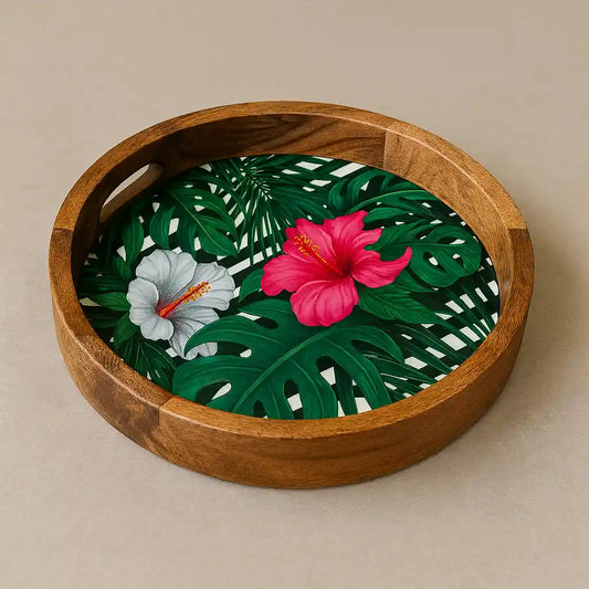 White & Pink Floral Print Wooden Serveware