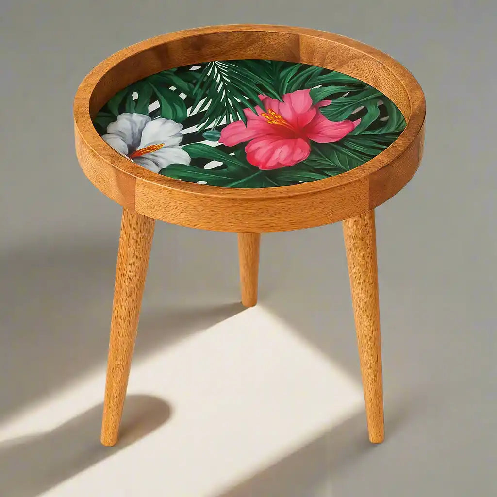 White & Pink Floral Print Wooden Serveware