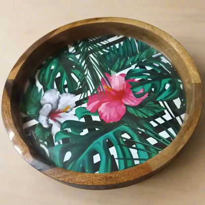 White & Pink Floral Print Wooden Serveware
