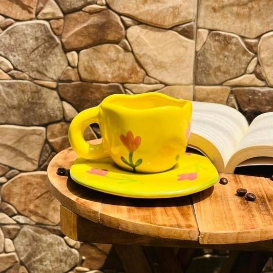 Yellow Floral Delight Ceramic Cup & Saucer - 200 ml