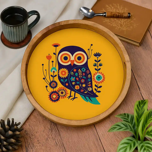 Elegant Wooden Yellow Owl Print Serveware