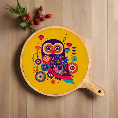 Elegant Wooden Yellow Owl Print Serveware