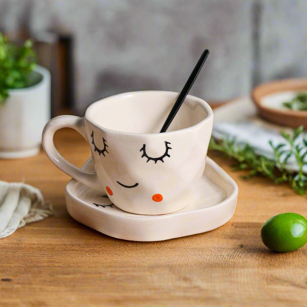 Cute Sleepy Face Ceramic Cup & Saucer - 200 ml