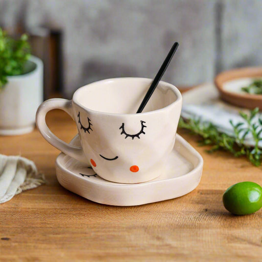 Cute Sleepy Face Ceramic Cup & Saucer - 200 ml