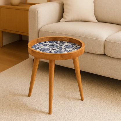Elegant Blue Blossom Print Wooden Serveware