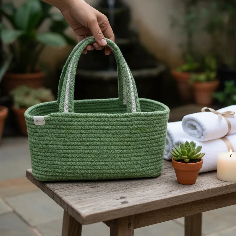 Cotton Rope Hamper Basket - Gift Organizer - Green