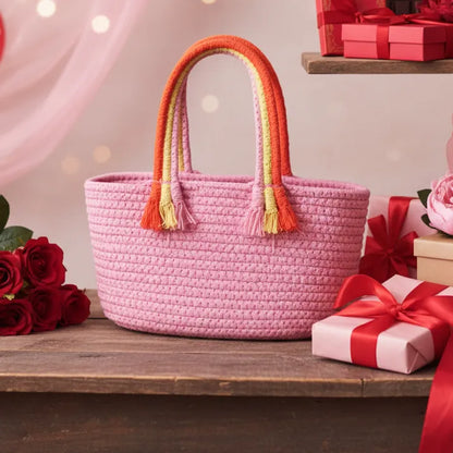 Cotton Rope Storage Basket - Multiuse Organizer - Pink