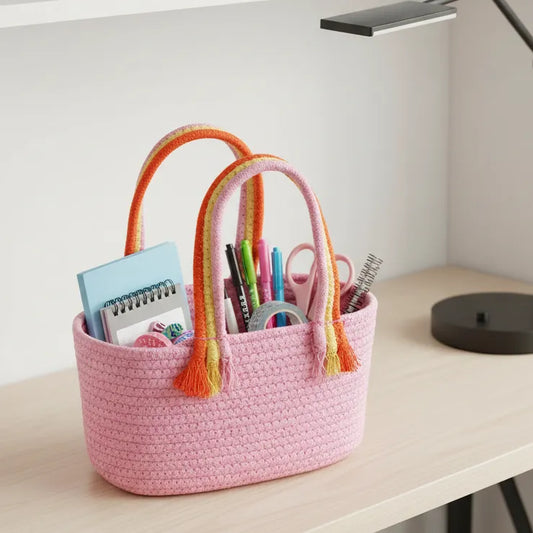 Cotton Rope Storage Basket - Multiuse Organizer - Pink