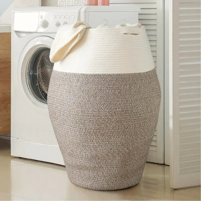 White & Beige Classic Cotton Laundry Organiser - Medium, Large