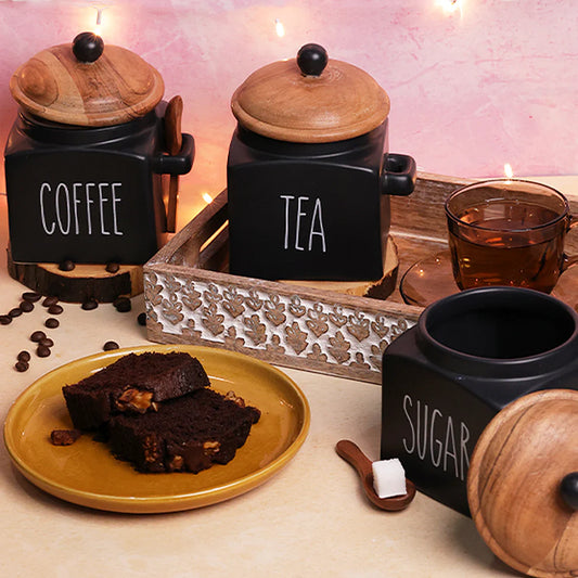 Black Ceramic Tea, Coffee & Sugar Storage Jar Set with Airtight Lid & Spoon - 1000 ml