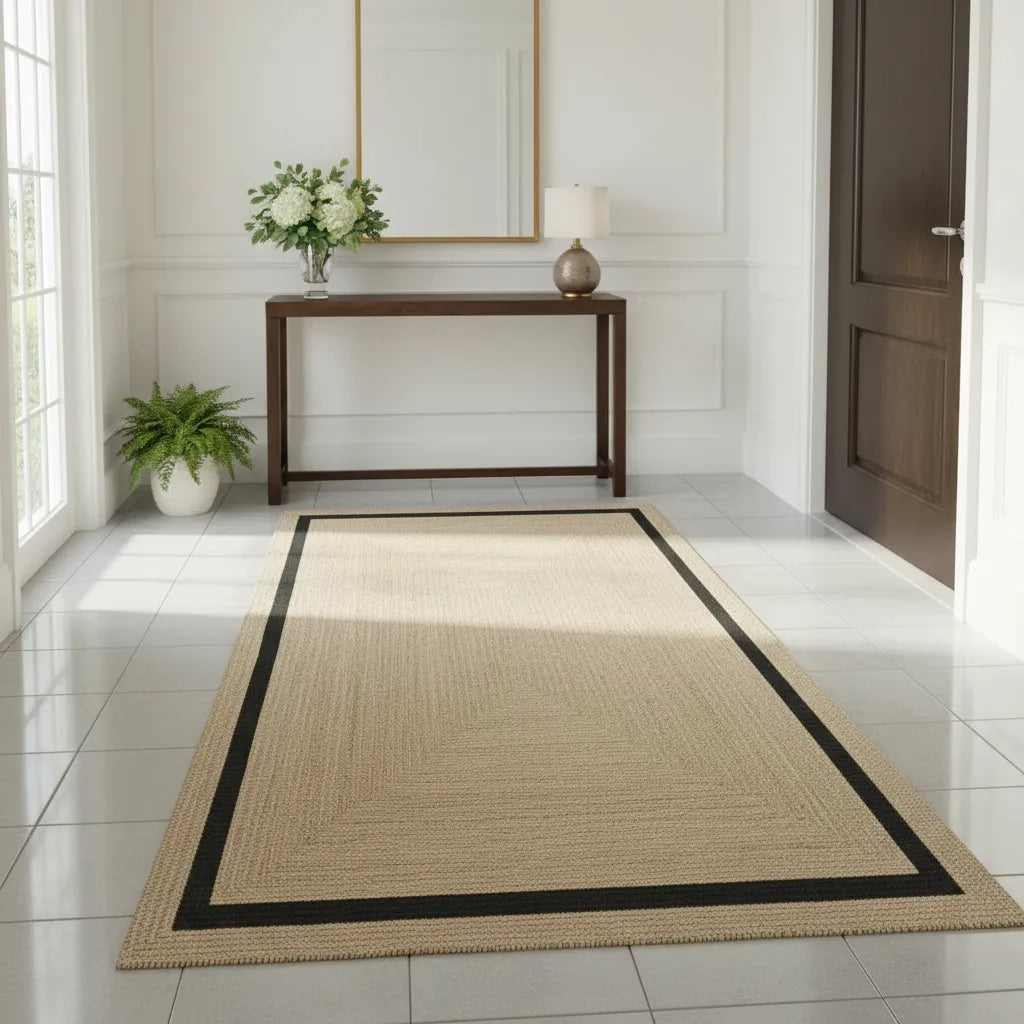 Braided Natural Jute Black Cotton Bedside Runner - Boho Decor