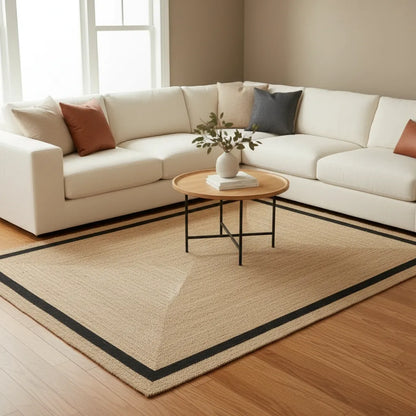 Braided Natural Jute Black Cotton Bedside Runner - Boho Decor