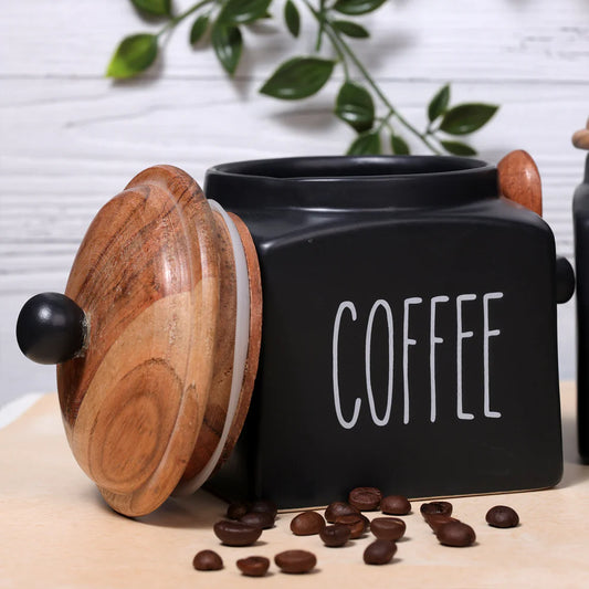 Matte Black Ceramic Coffee Storage Jar with Airtight Lid & Spoon - 1000 ml