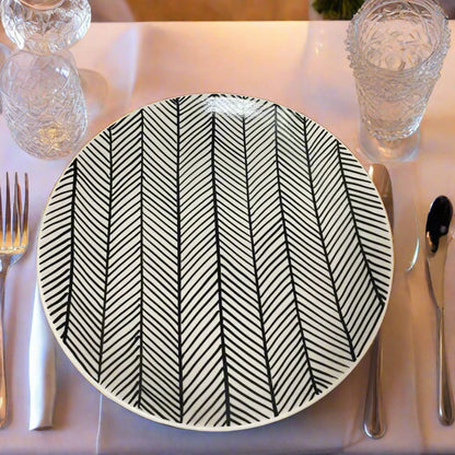 Traditional White Handcrafted Ceramic Plate with Black Lines - 7 inch & 10 inch