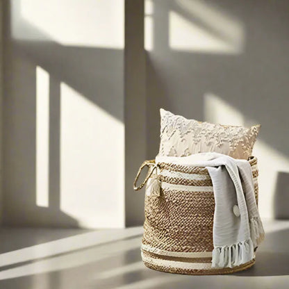 Beige & White Handcrafted Jute Planter & Storage Basket - Multiple Sizes