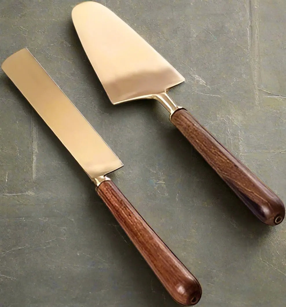 Stainless Steel Cake Knife & Server Set with Walnut Finish Wooden Handle