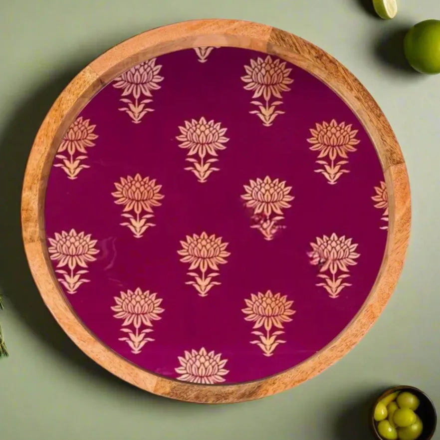 Crimson Floral Print Wooden Serveware