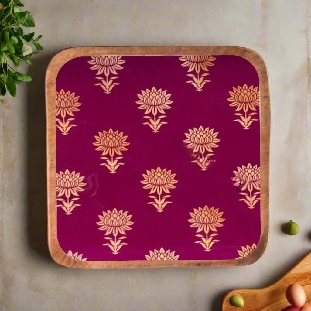 Crimson Floral Print Wooden Serveware