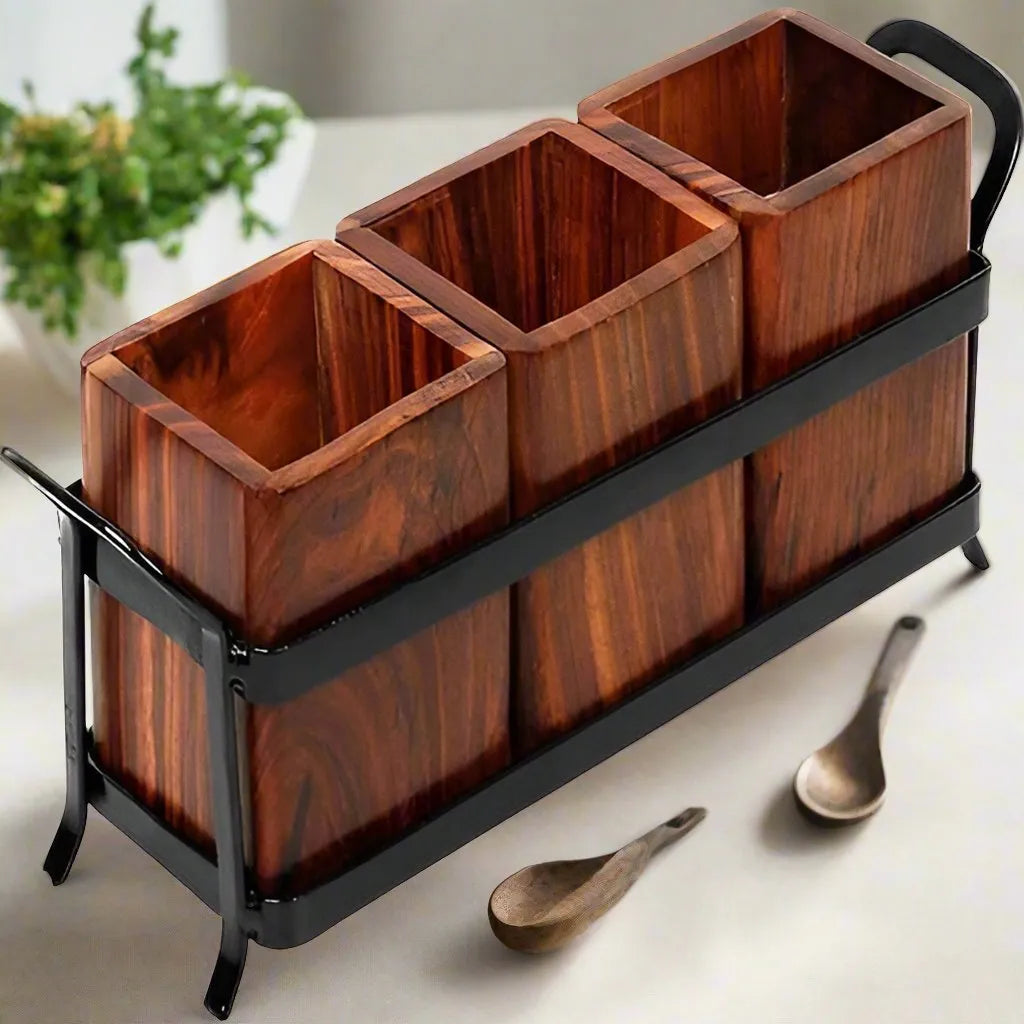 Rustic Wooden Cutlery Holder - 11.5 inch x 5 inch