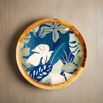Elegant Wooden Navy Tropical Leaf Pattern Serveware