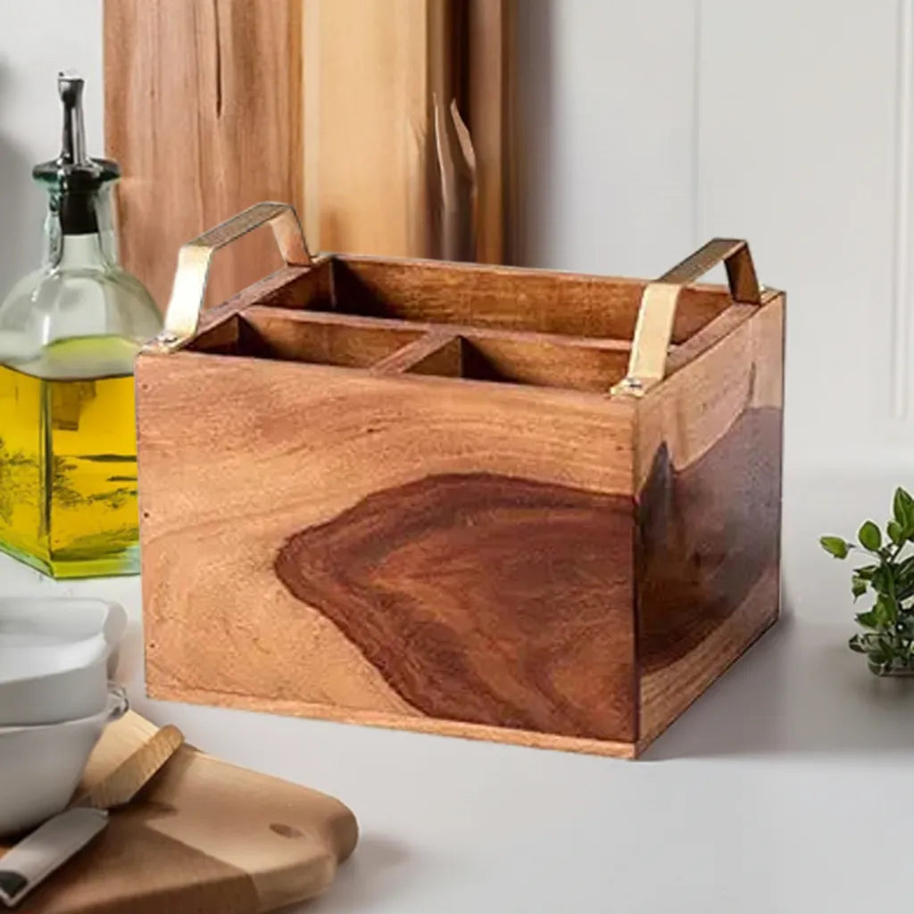 Rustic Charm Acacia Wood Cutlery Holder - Walnut Finish