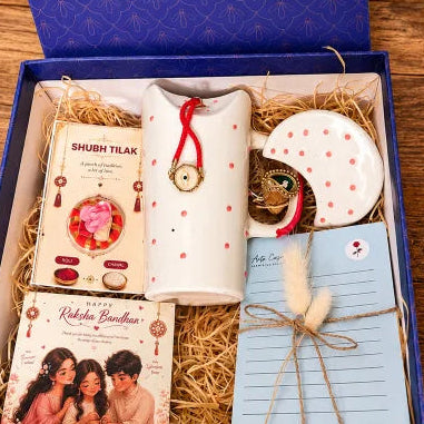 Rakhi Gift Hamper with Ceramic Tumbler with Red Dots