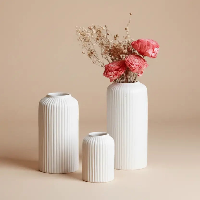 White Ribbed Ceramic Vases - Set of 3