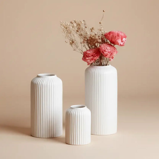 White Ribbed Ceramic Vases - Set of 3