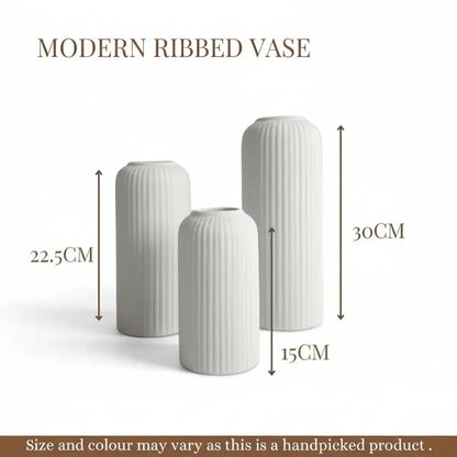 White Ribbed Ceramic Vases - Set of 3