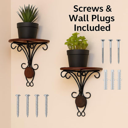 Solid Mango Wood Wall Shelf with Iron Brackets - Set of 2