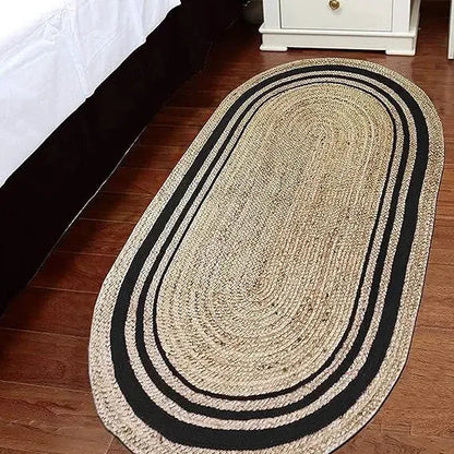 Artisanal Handwoven Jute Oval Rug - Beige and Black