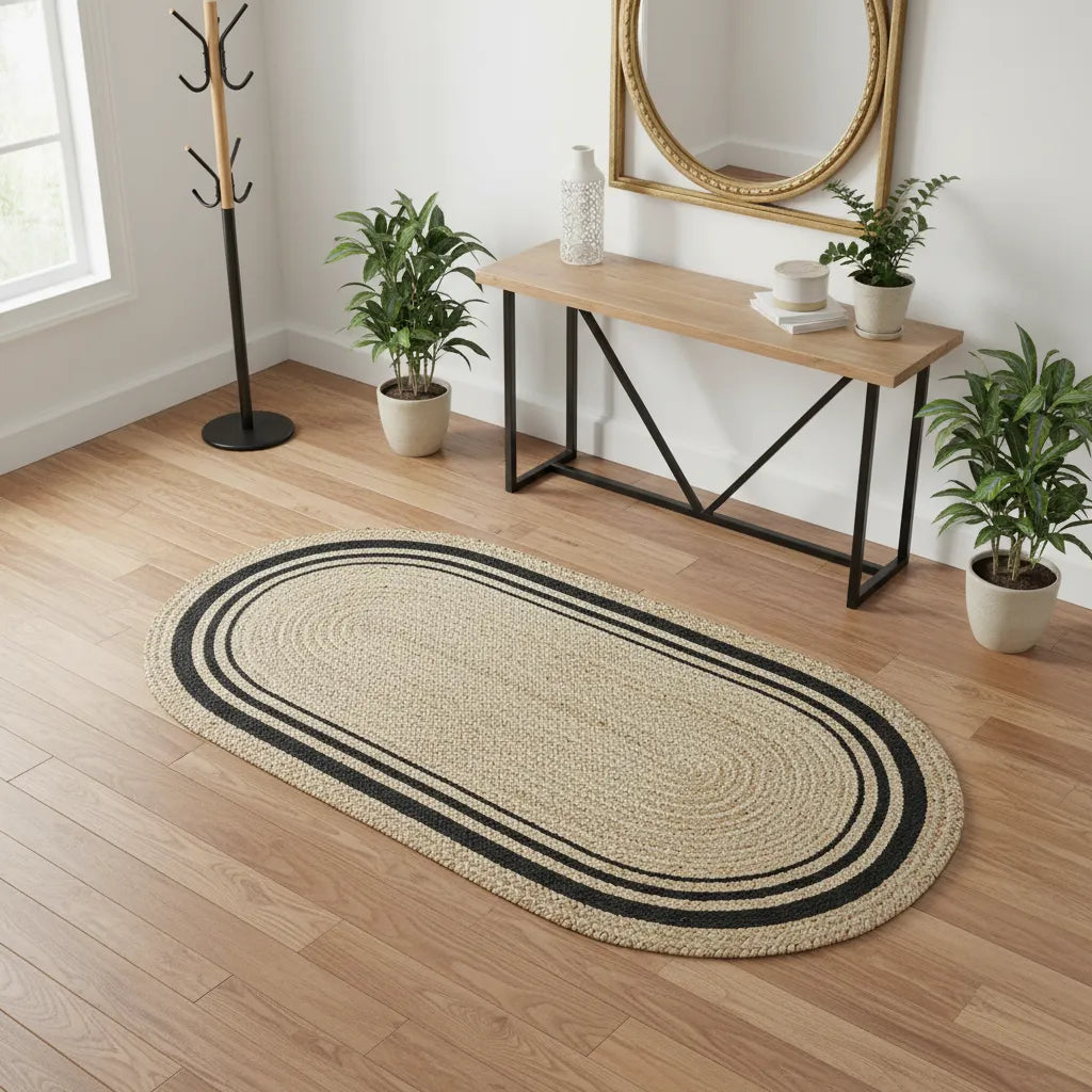 Artisanal Handwoven Jute Oval Rug - Beige and Black