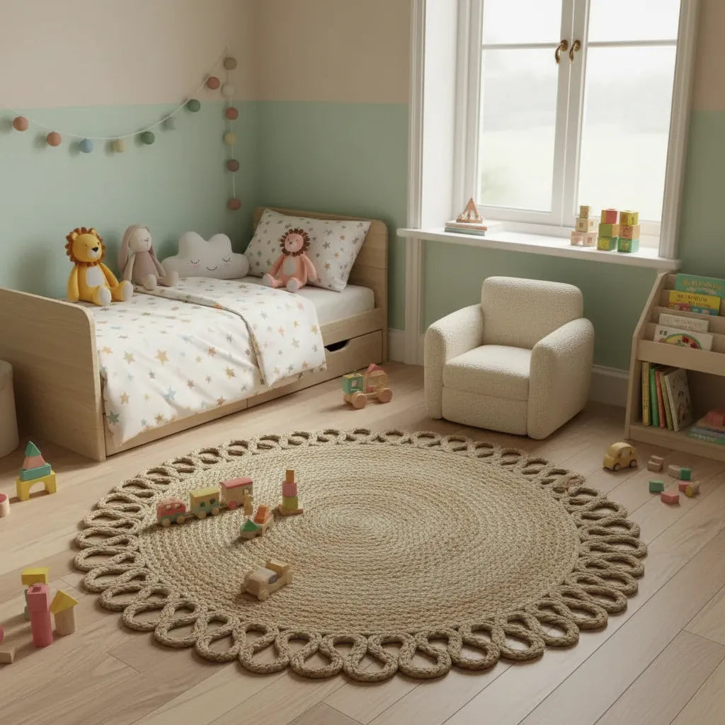 Boho Pattern Organic Round Jute Rug-Hand Braided