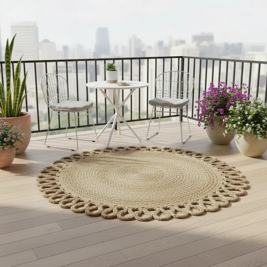 Boho Pattern Organic Round Jute Rug-Hand Braided