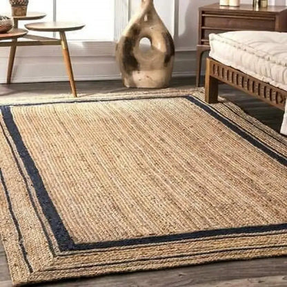 Braided Jute Rug with Black Border - Handwoven Natural Mat