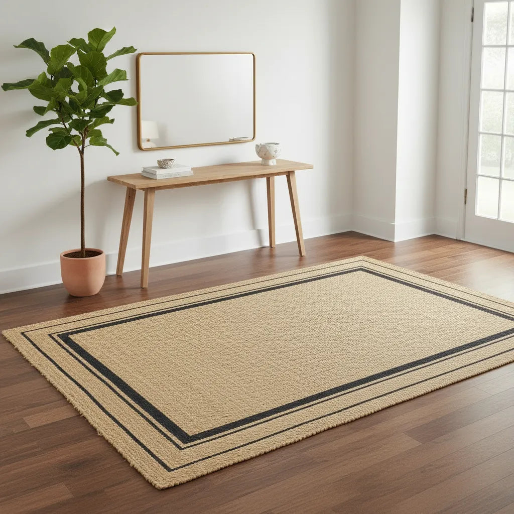 Braided Jute Rug with Black Border - Handwoven Natural Mat