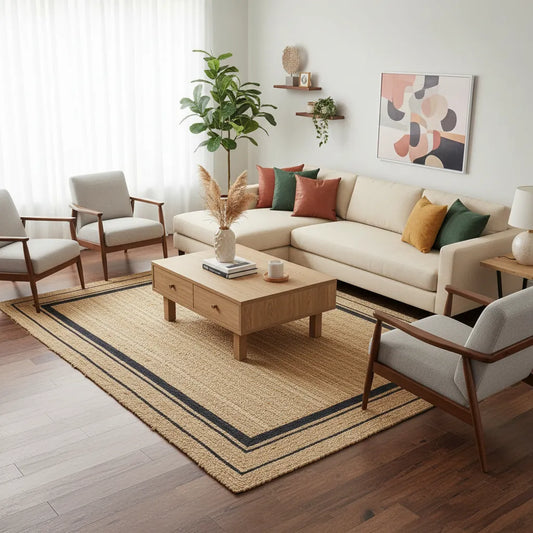 Braided Jute Rug with Black Border - Handwoven Natural Mat