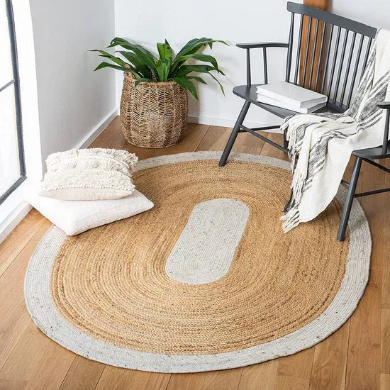 White Cotton Natural Jute Oval Rug-Handwoven Mat
