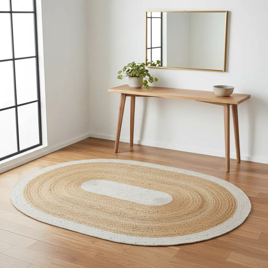White Cotton Natural Jute Oval Rug-Handwoven Mat