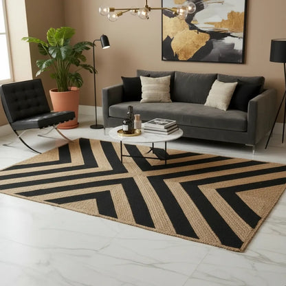 Eco-Friendly Jute Area Rug  - Black Geometric Weave