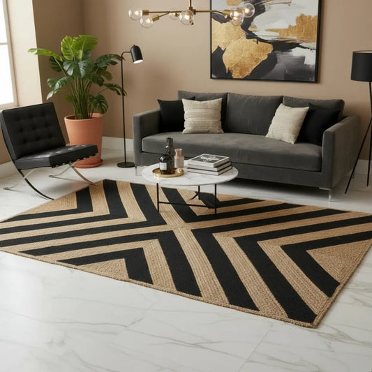 Eco-Friendly Jute Area Rug  - Black Geometric Weave