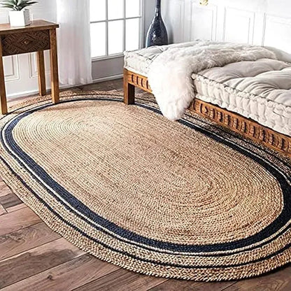 Artisanal Handwoven Jute Oval Rug - Beige and Black